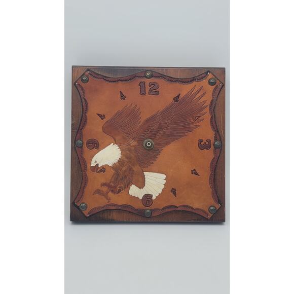 Wood and Tooled Leather Wall Clock Eagle Bird Vintage Retro Man Cave Biker brown - Picture 1 of 8